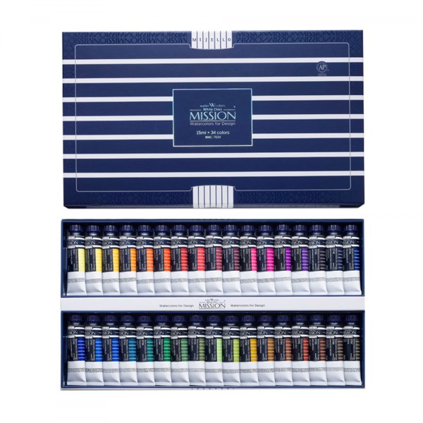ミゼロミッションホワイトクラス水彩画絵具15ml 34色セット